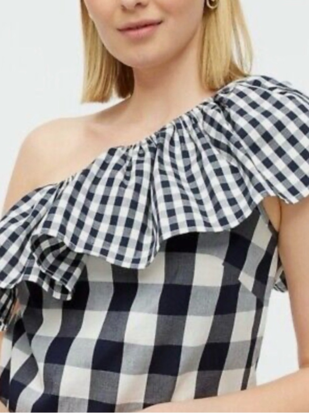 J Crew Top Womens 4 Navy Gingham Plaid Cotton Stretch Poplin Ruffle One Shoulder
